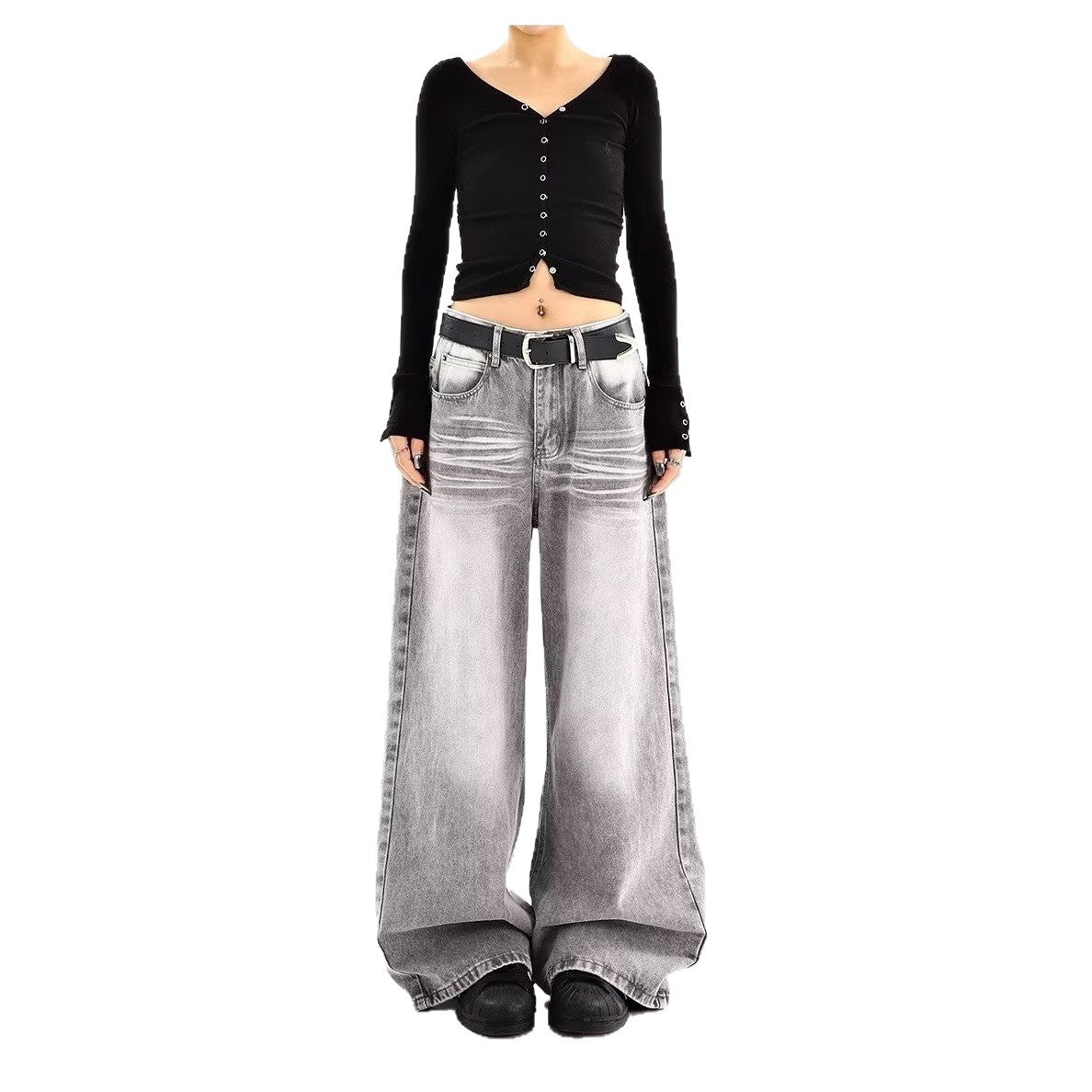 Embroidered High Waist Wide Leg Denim Jeans For Women Vintage Straight Leg Pants