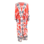 Coral-red Crane-and-flower Kimono Dress With Red Floral Accentssun-protective Cardigan-style Vacation Dress