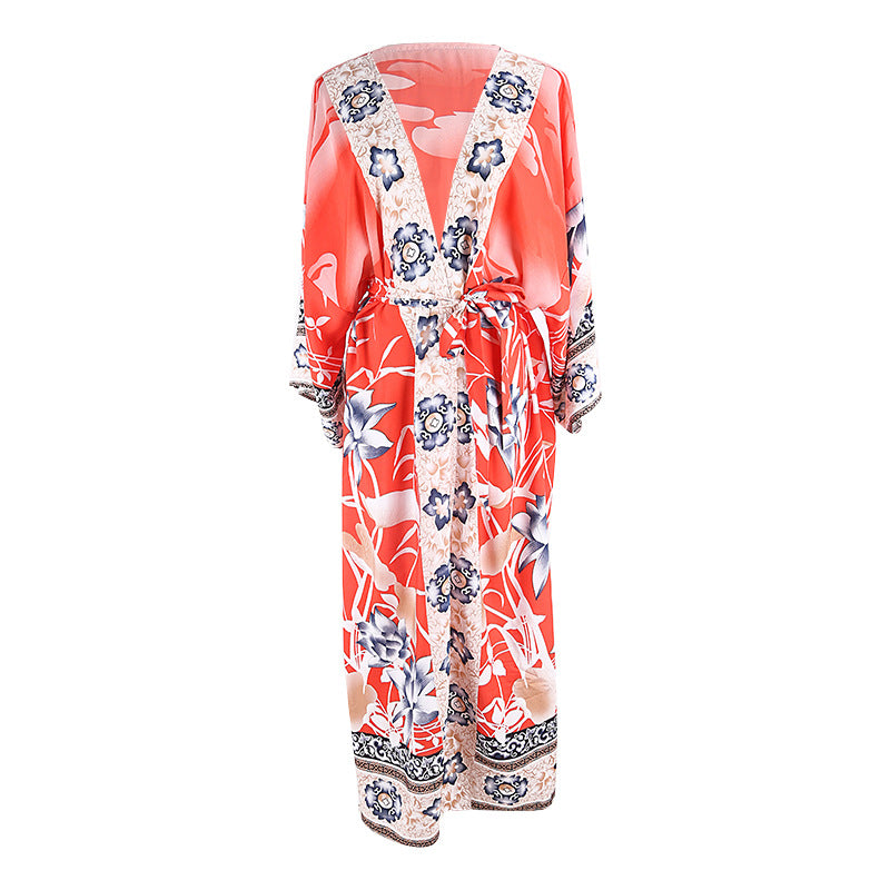 Coral-red Crane-and-flower Kimono Dress With Red Floral Accentssun-protective Cardigan-style Vacation Dress