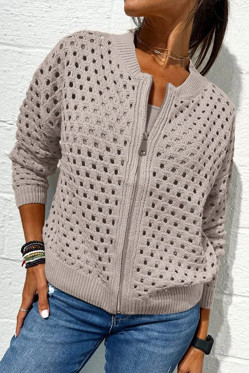 Fashion Hollow Knitted Jacket Zip-up Long-sleeved Tops Women's Clothing