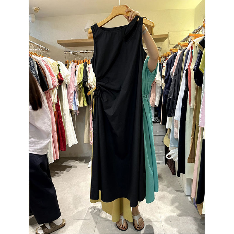 Niche Drawstring Figure-flattering Sleeveless Solid-color Dress