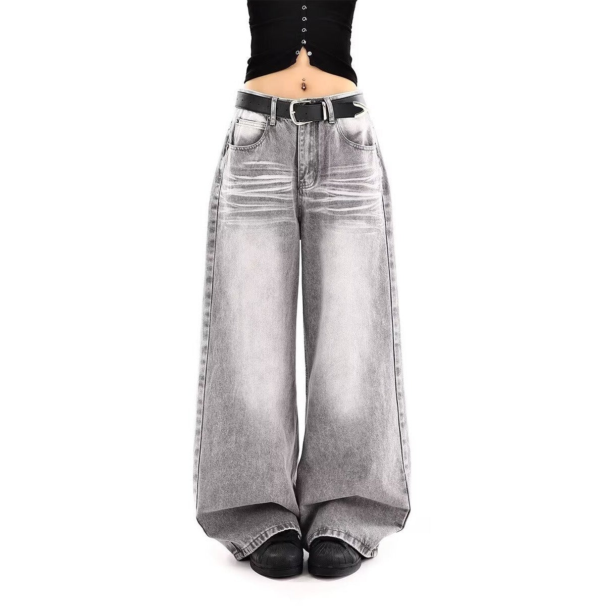 Embroidered High Waist Wide Leg Denim Jeans For Women Vintage Straight Leg Pants