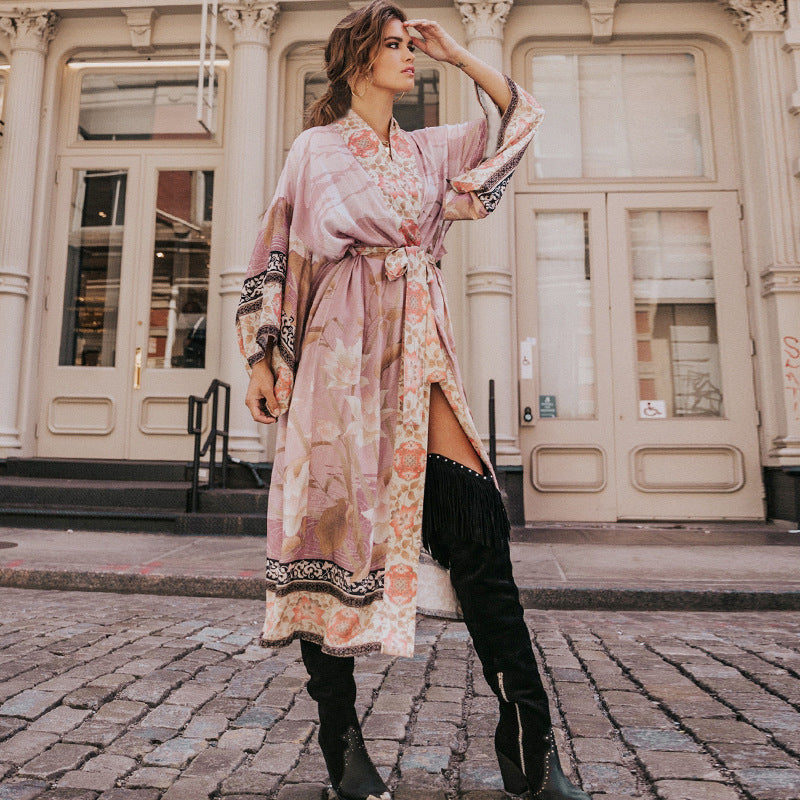 Coral-red Crane-and-flower Kimono Dress With Red Floral Accentssun-protective Cardigan-style Vacation Dress