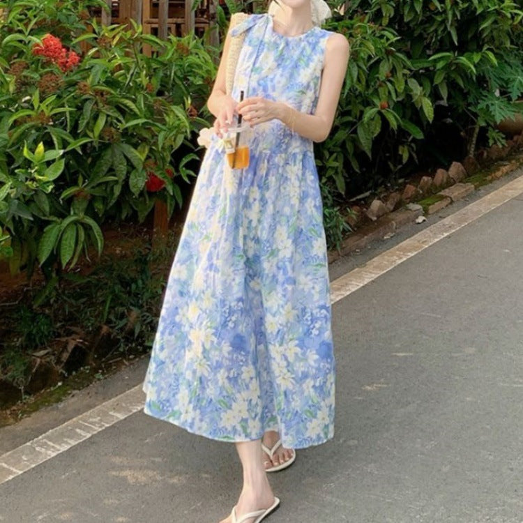 Beach Vacation Strappy Blue Floral Tank Dress