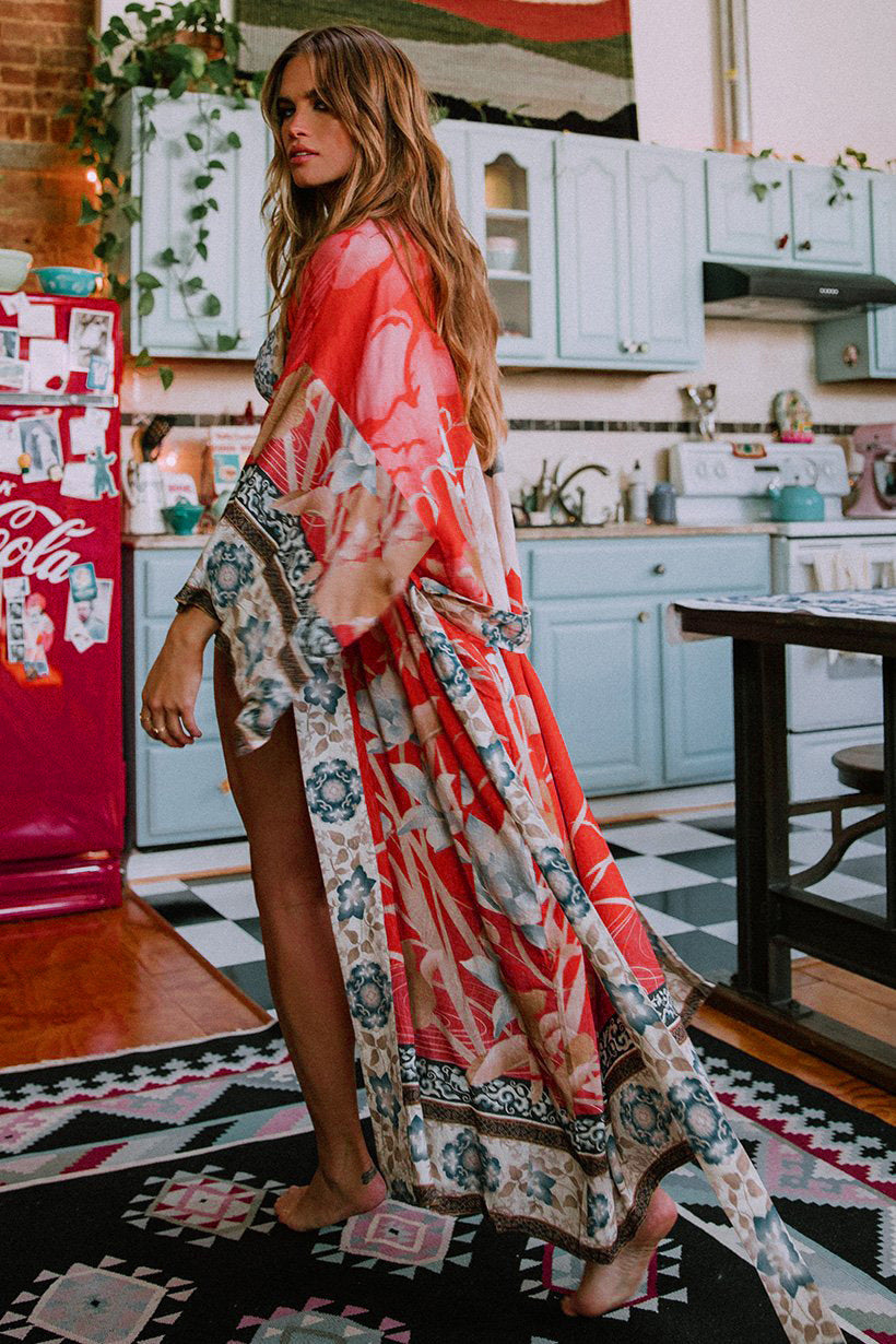 Coral-red Crane-and-flower Kimono Dress With Red Floral Accentssun-protective Cardigan-style Vacation Dress