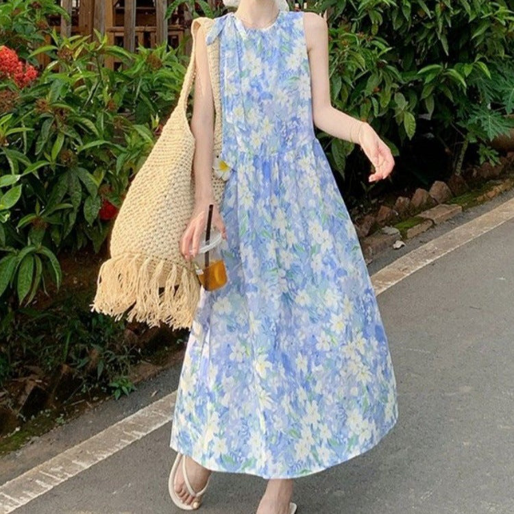 Beach Vacation Strappy Blue Floral Tank Dress