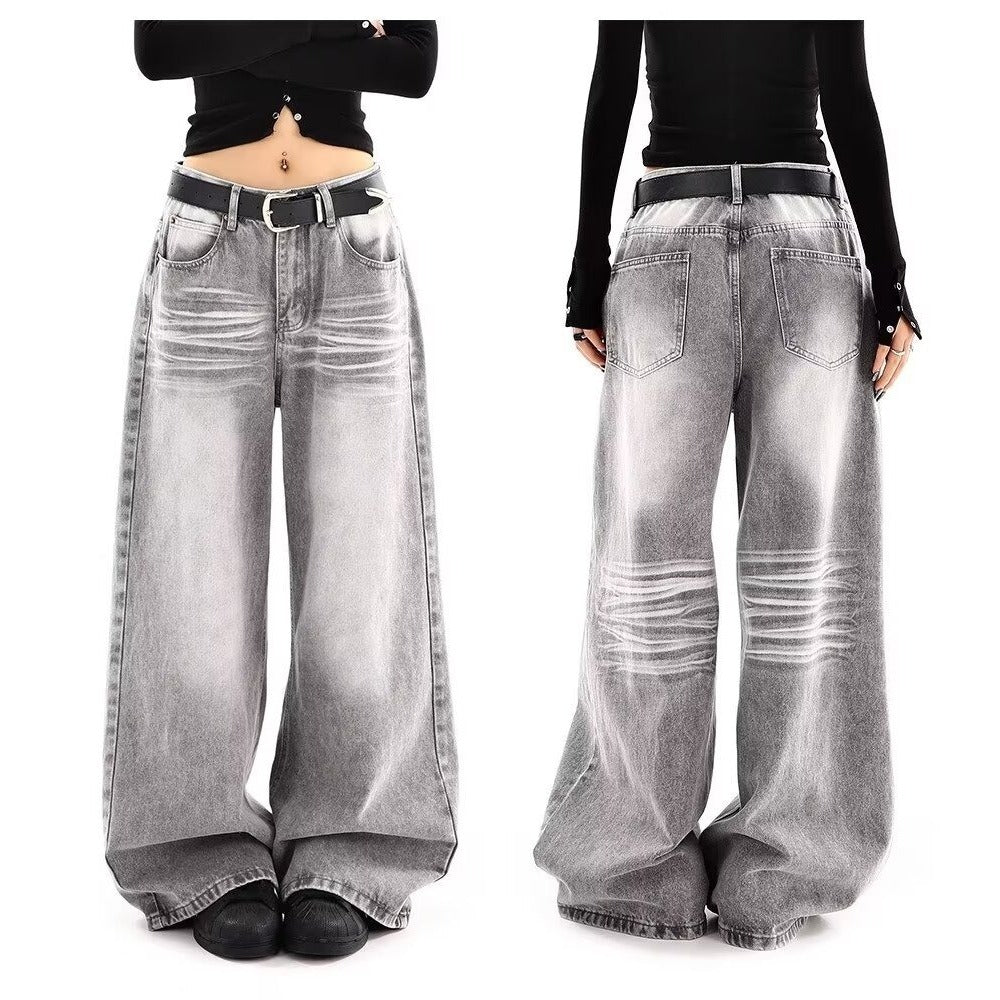 Embroidered High Waist Wide Leg Denim Jeans For Women Vintage Straight Leg Pants