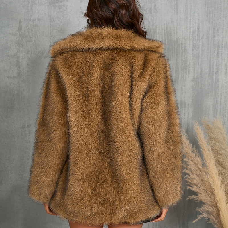 Winter Coat Warm Lapel Long Fluffy Faux Fur Coat